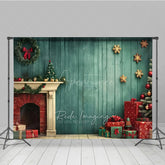 Aperturee Aperturee Vintage Christmas Fireplace Photography Backdrop Teal Wood Wall with Tree and Presents Holiday Studio Photo Prop